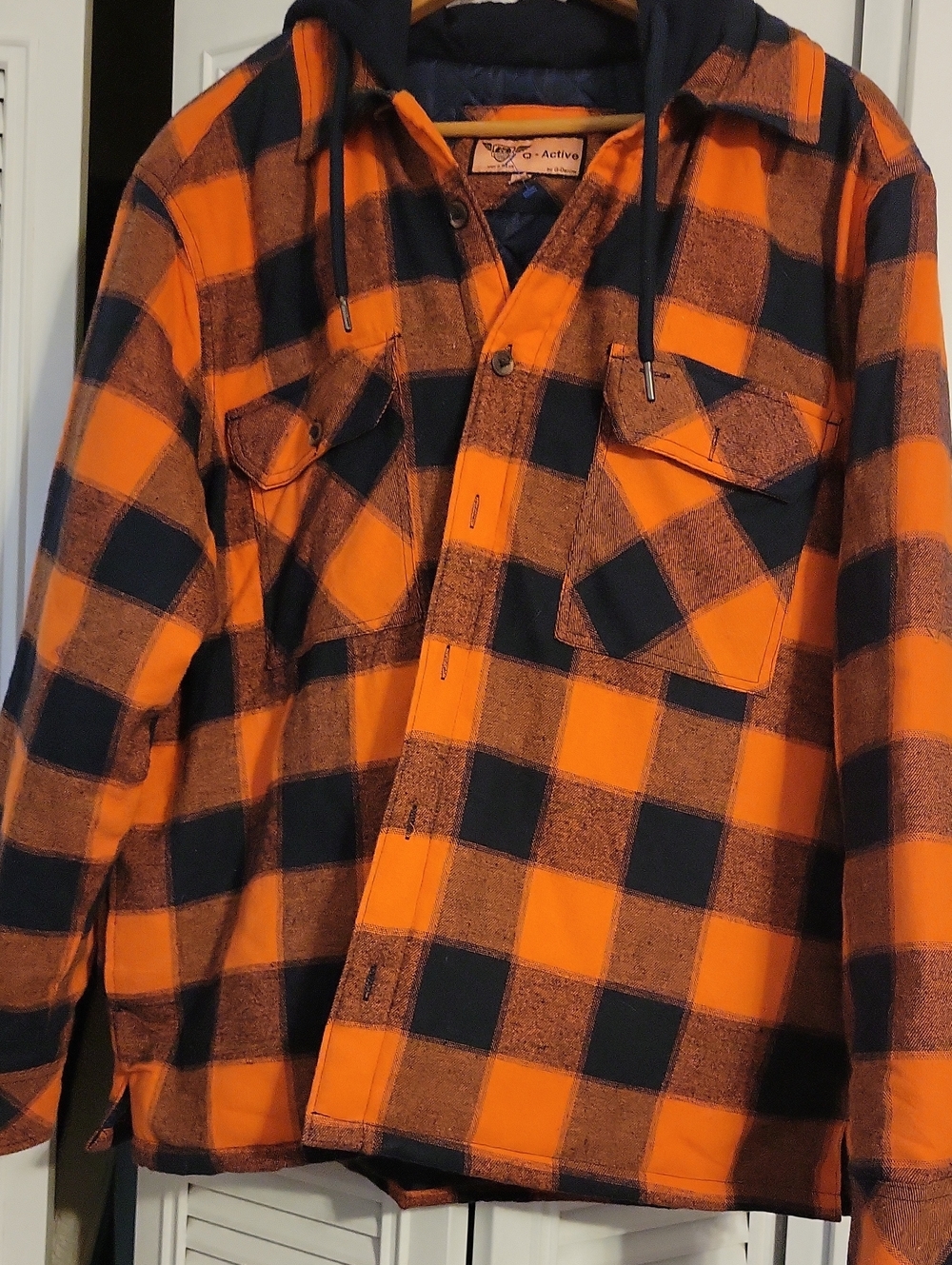 Q-Active Men's Orange & Black Plaid Hooded Flannel Jacket XL
